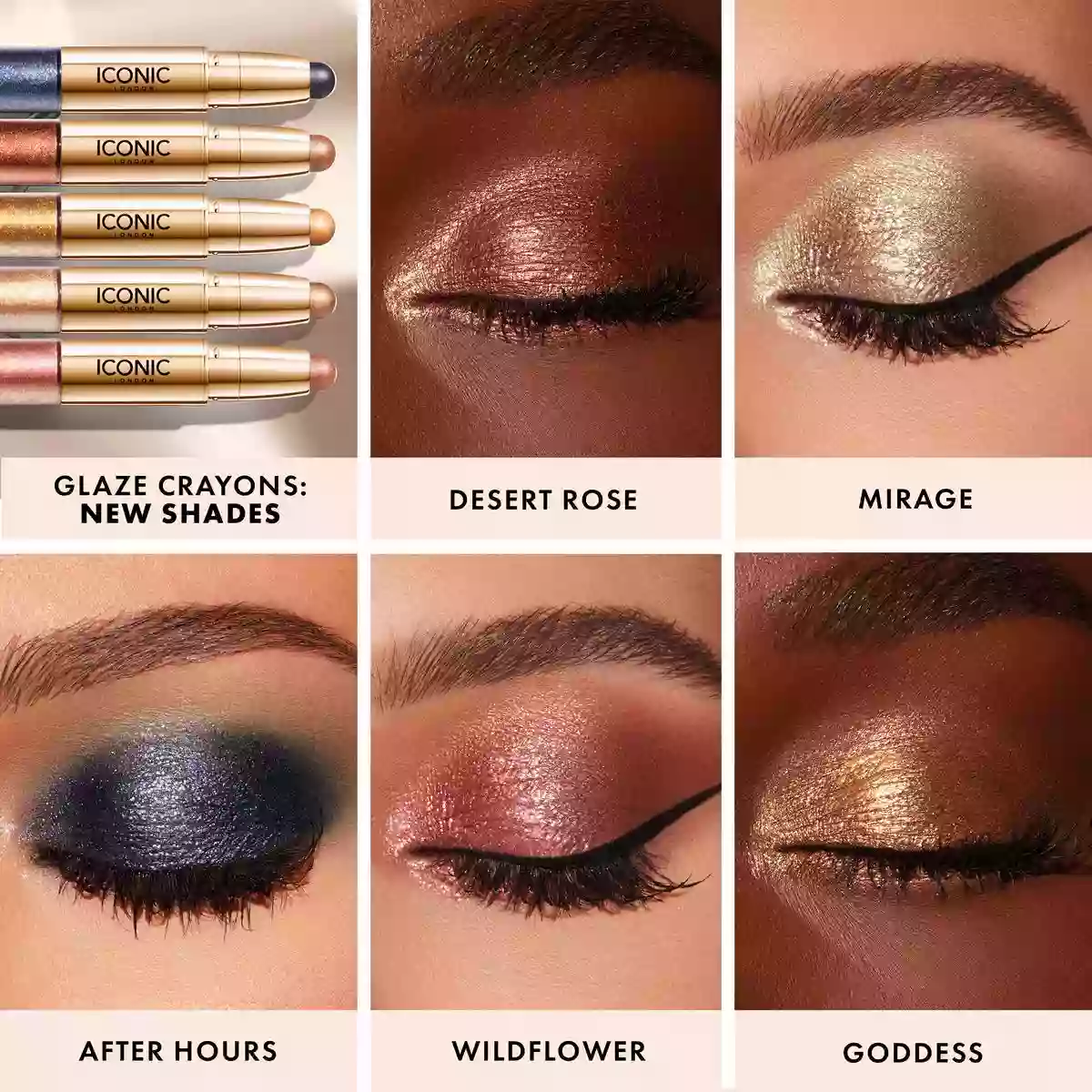 Image 1, glaze crayons new shades on models, desert rose, mirage, after hours, wildflower, goddess. Image 2, swatches on three different skin tone arms, desert rose, goddess, after hours, mirage and wildflower.