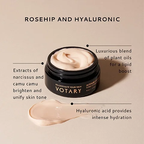 An open jar of cream with a light pink color is shown beside a small amount of the cream spread on the surface; the text above reads ROSEHIP AND HYALURONIC, and additional text describes the products benefits, including extracts of narcissus and camu camu, a luxurious blend of plant oils, and hyaluronic acid for hydration.