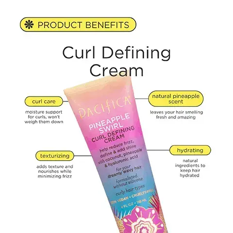 PRODUCT BENEFITS Refresher Mist. natural pineapple scent leaves your hair smelling fresh and amazing. curl care moisture support for curls, won't weigh them down. hydrating natural ingredients to keep hair hydrated. texturising adds texture and nourishes while minimizing frizz. 100% PCR. KEY INGREDIENTS Refresher Mist. hyaluronic acid hydrating without weighing down hair. pineapple enzymes in pineapple help restore damaged, brittle and dry ahir. super oils natural ingredients to keep hair hydrated. vitamin b commonly known to help strengthen hair strands, improve manageability, and boost shine. smells like pineapple. how to get the most magical hair of your dreams. spritz onto curls wet or dry. scrunch for reviving and or coil with fingers. coil with fingers to add curl definition. live your best life go out and live your magical life. BEFORE AFTER* *Used Complete Pineapple Curls Routine. BEFORE AFTER* *Used Complete Pineapple Curls Routine. curl care for textured hair