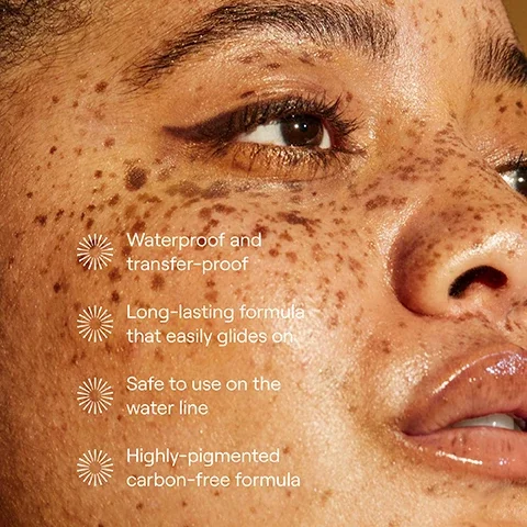 waterproof and transfer proof. long lasting formula that easily glides on. safe to use on the water line. highly pigmented carbon free formula. image 2, before and after