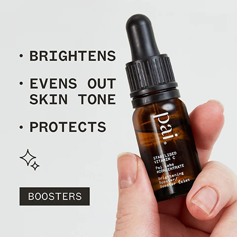 Image 1 - A person holds a small amber dropper bottle labeled Pai with visible text that reads BRIGHTENS, EVENS OUT SKIN TONE, PROTECTS, and the word BOOSTERS at the bottom.
Image 2 - A close-up of a persons hand applying a dropper of skincare serum to their shoulder, with text overlay reading very gentle and brightens up my skin when it’s feeling a little dull or lacklustre. ALICE L, alongside organic and certification logos.