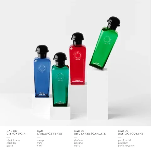 eau de citron noir, black lemon, black tea and guaia. eau d'orange verte, orange, mint and moss. eau de rhubarbe eclarlate, rhubarb, lantana and musk. eau de basilic pourpre, purple basil, geranium and green bergamot