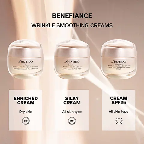 Image 1, BENEFIANCE WRINKLE SMOOTHING CREAMS SHISEIDO Wood C CLA SHISEIDO We Crea Creme Listen SHISEIDO ENRICHED CREAM Dry skin 24 SILKY CREAM All skin type 24 CREAM SPF25 All skin type Image 2, 1 SERUM WRINKLE CONTOUR SERUM BENEFIANCE SHISEIDO SHISEIDO SHISEIDO 3 EYE CREAM WRINKLE SMOOTHING EYE CREAM 2 CREAM WRINKLE SMOOTHING CREAM