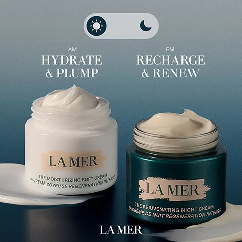 Image 1 - Image of two skincare cream jars, one labeled as LA MER The Moisturizing Soft Cream and the other as LA MER The Rejuvenating Night Cream, with the text AM HYDRATE & PLUMP above the white jar and PM RECHARGE & RENEW above the green jar.
Image 2 - A close-up image of white bubbles with soft lighting, featuring text that states 94% said their skin felt SOFTER & SMOOTHER* followed by a footnote indicating Consumer testing on 128 women after 1 week of product use.