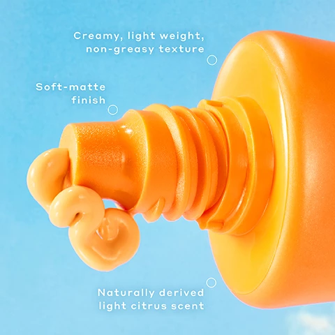 Image 1, creamy, light weight non greasy texture. soft matte finish. naturally derived light citrus scent. image 2, 92% agree it restores healthy looking skin. 26% brighter skin in 4 weeks. visibly improves fine lines and wrinkles. in a 4 week clinical study on 37 people. image 3, suncare meets skincare. 16.3% sinx oxide instantly reflects harmful UVA and UVB rays. vitamin c brightens, evens tone and defends skin against free radicals. banana powder inspired pigments light reflecting mineral pigments.