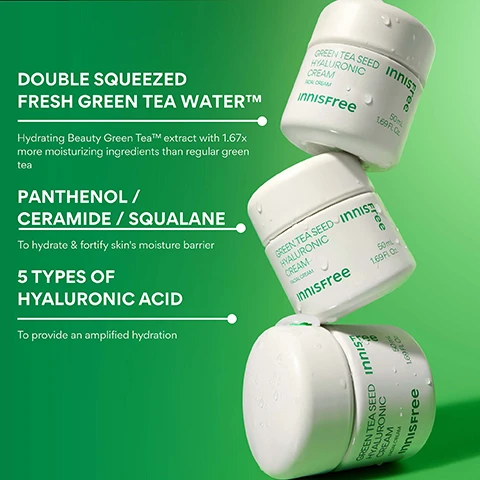 Image 4 - Three white jars of Innisfree Green Tea Seed Hyaluronic Cream, covered in water droplets and labeled GREEN TEA SEED HYALURONIC CREAM FACIAL CREAM INNISFREE 50mL 1.69 Fl. Oz., are stacked on a green background with accompanying text: DOUBLE SQUEEZED FRESH GREEN TEA WATER™ Hydrating Beauty Green Tea™ extract with 1.67x more moisturizing ingredients than regular green tea, PANTHENOL / CERAMIDE / SQUALANE To hydrate & fortify skin’s moisture barrier, and 5 TYPES OF HYALURONIC ACID To provide an amplified hydration. Image 5 - A hand with green nail polish holds a white jar of Innisfree Green Tea Seed Hyaluronic Cream, a facial cream in a 50 mL 1.69 Fl. Oz. container, with accompanying text promoting its benefits: 96% felt immediate hydration just after use*, 93% felt the skin has visible glow*, 96% felt that the cream strengthen their skins moisture barrier to help with dryness*, and 90% felt this cream helped balance the skins hydration and oil levels*, with a disclaimer stating *Based on a 14-day independent consumer study on 30 women aged 20-35. Image 6 - A white jar of Innisfree Green Tea Seed Hyaluronic Cream with a white lid sits on a white background with cream swirls and green tea leaves, some with water droplets, and includes text: BARRIER-BOOSTING HYDRATION, Fragrance + Alcohol-free, Locks in lasting moisture, GREEN TEA SEED HYALURONIC CREAM FACIAL CREAM, Innisfree, 50mL 1.69 Fl. Oz., Lightweight, silky texture. Image 7 - A dark-skinned person with cream on their cheek holds a jar of Innisfree cream against a green background, with text WHO IS THIS GOOD FOR? Dryness, Dullness, All skin types, and on the jar GREEN TEA SEED HYALURONIC CREAM FACIAL CREAM INNISFREE 50g 1.69 FL. Innisfree.