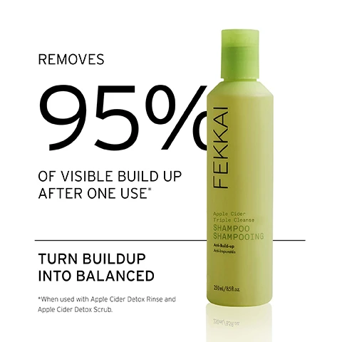 Image 1, removes 95% of visible build up after one use. turn build up into balanced when used with apple cider detox rinse and apple cider detox scrub. image 2, how to use = lather product into hands. apply to roots, gently massaging from hairline to crown.