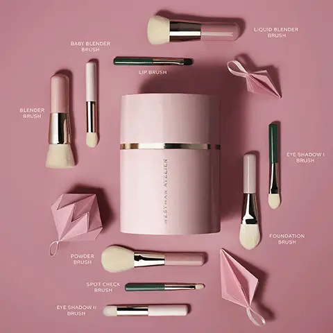 Liquid blender brush. Baby blender brush. Lip brush. Blender brush. Eye shadow brush. Powder brush. Foundation brush. Spot check brush. Eyeshadow brush 2. Petite. Original.
