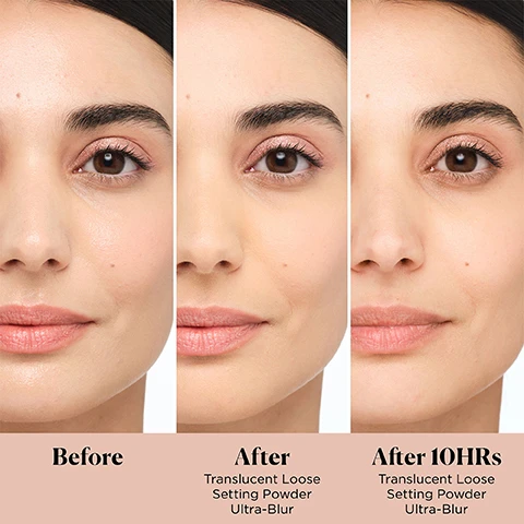 Image 1 - A close-up view of a womans face showing three images labeled Before, After, and After 10 Hrs, illustrating the effects of Translucent Loose Setting Powder Ultra-Blur on her skin.
Image 2 - Three jars of loose powder makeup are displayed on a marble surface, with the left jar containing brown powder, the middle jar containing beige powder, and the right jar containing pale yellow powder, while text to the right highlights features like 16HR Hydrating Wear, Natural Blurred Finish, and Talc-Free For All Skin Types.
Image 3 - Image showing three jars of cosmetic powder sizes labeled as Mini, Full Size, and Jumbo with the text Blur Your Way at the top and LAURA MERCIER shown on the jars.