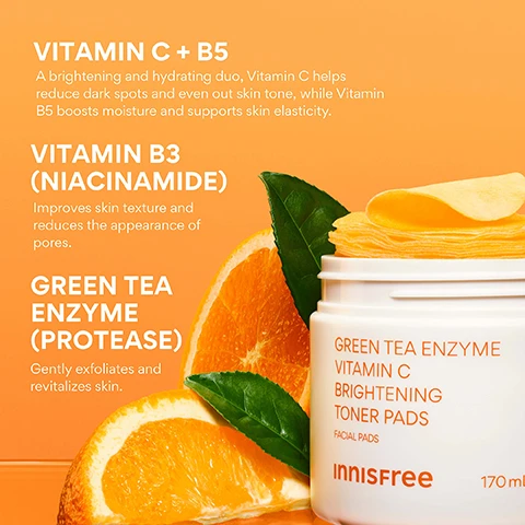 Image 2 - An Innisfree Green Tea Enzyme Vitamin C Brightening Toner Pads product is displayed, consisting of a white tub and a green box, both labeled Innisfree Green Tea Enzyme Vitamin C Brightening Toner Pads, Facial Pads, 60 Pads, and 170 mL / 5.74 Fl.Oz., with the box additionally stating Fade Dark Spots + Glow and Vitamin C + Enzyme. Image 3 - A white tub of Innisfree facial toner pads is pictured with orange slices and green leaves on an orange background, featuring text that describes product ingredients and benefits: VITAMIN C + B5 A brightening and hydrating duo, Vitamin C helps reduce dark spots and even out skin tone, while Vitamin B5 boosts moisture and supports skin elasticity. VITAMIN B3 (NIACINAMIDE) Improves skin texture and reduces the appearance of pores. GREEN TEA ENZYME (PROTEASE) Gently exfoliates and revitalizes skin. Additionally, the tub itself is labeled GREEN TEA ENZYME VITAMIN C BRIGHTENING TONER PADS FACIAL PADS Innisfree 170 mL. Image 4 - An open white jar containing yellow-orange toner pads soaking in liquid is shown against an orange background with text that reads Korean Vita C Toner Pad, 100% felt that their skin tone improved*, 100% felt that the product helps taking care of improvement in dull skin tone*, 97% felt that the product helps reducing the appearance of dark spots*, *4-week clinical study on 34 women aged 21 to 40., and on the jar, Green Tea Enzyme Vita inn. Image 5 - A person holds an open white jar of Innisfree Green Tea Enzyme Vitamin C Brightening Toner Pads, with yellow pads visible inside and a clear tweezer picking one up, while overlay text highlights Vitamin C infused pads, Fades post breakout marks + sun sports, Visibly brighter, clearer skin, and Fragrance + Alcohol free, with the jar also showing Facial Pads and 60 PADS. Image 6 - A person with dark skin smiles while holding a cotton pad to their cheek, alongside text that reads WHO IS THIS GOOD FOR? with a list of benefits: Dark Spots, Dullness, Uneven texture, All skin types.