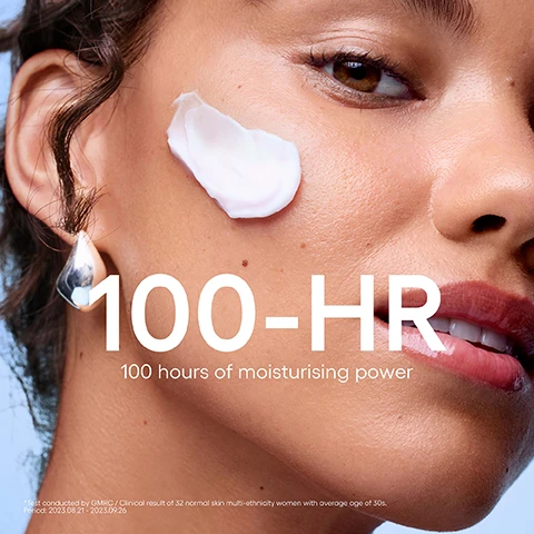 Image 4 - A close-up of a womans face with a white cream dab on her cheek, displaying smooth skin and glossy lips, with the text 100-HR, 100 hours of moisturising power, and *Test conducted by GMRC / Clinical result of 32 normal skin multi-ethnicity women with average age of 30s. Period: 2023.08.21 - 2023.09.26. Image 5 - A light blue jar of Laneige Water Bank Blue Hyaluronic Cream Moisturizer with LANIAGE embossed on its lid is visible, with a distorted reflection of the jar in a clear sphere below, accompanied by text that reads #Moisture Barrier Fortifying Cream, +79% Boosts Skins Visible Bounce, 96% Agreed skin felt stronger/more resilient, and *Test conducted by GMRC / Clinical Result & Consu,er Survey of 32 normal skin multi-ethnicity women with average age of 30s. Period: 2023.08.21 - 2023.09.26. Image 6 - The image displays a light blue jar of Laneige Water Bank Blue Hyaluronic Cream Moisturizer with cream on its lid, positioned below information about 3 SKIN BARRIER INGREDIENTS to change the density, which include Ceramide / Cholesterol / Fatty acids that Helps to make a densely structures skin barrier with ingredients similar to skin lipids, Pepta-panthenol Complex that Helps to fortify skin barrier, and Blue Hyaluronic Acid for Powerful hydration. Image 7 - A smiling blonde woman wearing a blue top holds a light blue jar of Laneige Water Bank moisturizer while pointing to her neck, against a blue draped background, with the text: WATER BANK IS THE ANSWER YOUR BARRIER-BOOSTING CHOICE FOR HYDRATED SKIN LANEIGE WATER BANK BLUE HYALURONIC Cream Moisturizer.