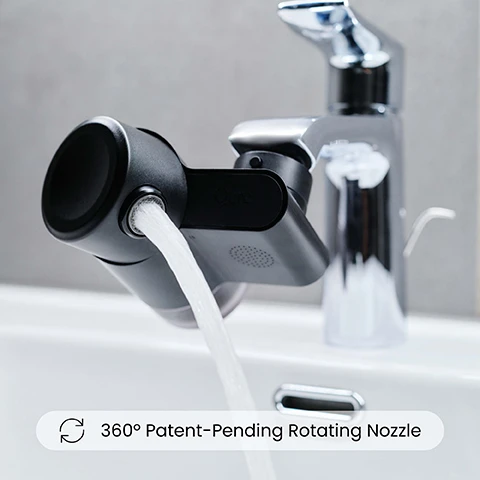 Image 1 - A black faucet attachment is dispensing water, with a chrome faucet visible in the background, and the text 360° Patent-Pending Rotating Nozzle is displayed below.
Image 2 - A woman with orange hair leans over a sink, cupping her hands to catch running water, wearing a white robe and headband with the text Easier Face Washing visible below.
Image 3 - A water filter device submerged in clear water with visible bubbles, accompanied by icons and text stating Lifetime Warranty, Four-Stage Filtration Technology, Third-party tested to meet NSF standards, and Fits 99% of Faucets.
Image 4 - Side-by-side comparison images showing skin before and after treatment, with visible reduction in wrinkles; text reads Wrinkles & Hydration, CLINICALLY PROVEN TO IMPROVE SKIN HYDRATION AND WRINKLE APPEARANCE IN JUST 4 WEEKS, Tested by an independent lab, compiled by Regulatory Consultants.
Image 5 - Side-by-side comparison of a persons face showing skin with acne in the before image and clearer, smoother skin in the after image, with the text BEFORE and AFTER at the top of each respective image, and 97% of participants wouldnt go back to tap water. Tested by an independent lab, compiled by Regulatory Consultants. at the bottom.
Image 6 - Side-by-side comparison of a face showing skin before and after treatment, with the left side labeled BEFORE showing blemishes and dryness, and the right side labeled AFTER showing smoother, clearer skin; text beneath reads 80% noticed less dryness after 4 weeks, tested by an independent lab, compiled by Regulatory Consultants.