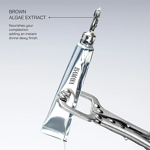 Image 1 - A squeezed tube of skincare product with visible text reading BROWN ALGAE EXTRACT and Nourishes your complexion adding an instant divine dewy finish, held by a silver tool against a light gray background.
Image 2 - Image of two cosmetic product tubes labeled Microbial Gel and Face Glaze, with descriptions highlighting their benefits: Microbial Gel resets and protects skin, hydrates, reduces redness and irritation; Face Glaze hydrates, stimulates collagen synthesis, and leaves a glowing finish.