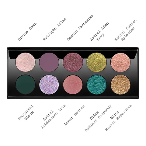 Image 1 - An eyeshadow palette with ten circular shades in various colors, including pink, purple, green, and glittery finishes, labeled with their names: Divine Dawn, Twilight Lilac, Cosmic Fantasies, Astral Eden Envy, Astral Sunset Splendor, Nocturnal Bloom, Astral Iridescent Iris, Lunar Nectar, Blitz Radiant Rhapsody, and Blitz Bronze Supernova.
Image 2 - A close-up of two arms displaying ten colorful eyeshadow swatches in various shades, with the swatches labeled on the left side, including Divine Dawn, Nocturnal Bloom, Twilight Lilac, Astral Iridescent Iris, Cosmic Fantasies, Lunar Nectar, Astral Eden Envy, Blitz Radiant Rhapsody, Astral Sunset Splendor, and Blitz Bronze Supernova.
Image 3 - Close-up of an eye featuring soft pink and iridescent eye makeup with three color swatches labeled Astral Iridescent Iris, Twilight Lilac, and Divine Dawn.
Image 4 - A close-up of an eye showcasing dramatic makeup with deep green and gold eyeshadow, long eyelashes, and light brown iris, alongside text labels for three eyeshadow shades: ASTRAL EDEN ENVY, NOCTURNAL BLOOM, ASTRAL IRIDESCENT IRIS.
Image 5 - A close-up of a womans eye showcasing eyeshadow with shades of purple and bronze, featuring visible text labels reading Twilight Lilac, Blitz Bronze Supernova, and Divine Dawn.