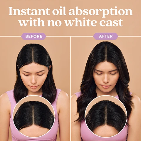 Image 1 - Image shows a side-by-side comparison of a woman before and after using a hair product, with a focus on the scalp area, showcasing the difference in oil absorption, and visible text reads Instant oil absorption with no white cast above Before and After labels with the respective images.
Image 2 - A woman with long black hair is resting her chin on her hand while holding a bottle of hair product, with text in the background stating Revive your Roots and additional product features.
Image 3 - An image showing a bottle of Fable & Mane Root Refresh Dry Shampoo surrounded by a dusty brown background, with text stating Refresh and Lift, 98% saw added volume and body, 96% saw instant oil absorption, 94% extended their wash day by 2 days, and In a consumer survey of 54 participants.
Image 4 - A bottle of Fable & Mane Root Refresh Dry Shampoo is placed on a purple background with bamboo and a small bowl of white powder alongside it, with text labels indicating Rosemary Extract, Bamboo Extract, and Tapioca Starch, describing their benefits for hair care.
Image 5 - A woman with long dark hair smiles as she sprays a product onto her scalp, holding the bottle above her head; visible text reads Revived Roots in One Poof.
Image 6 - A bottle of Fable & Mane Root Refresh Dry Shampoo sits on a textured brown background, with the text The Fable Promise above it and icons indicating it is suitable for all hair types, sulfate-free, contains no silicones, and is a vegan formula.