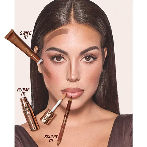 A woman with long dark hair displays makeup products on her face, with visible text highlighting SWIPE IT!, PLUMP IT!, and SCULPT IT! alongside the products.