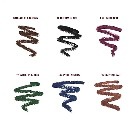 An array of six makeup swatches displayed horizontally, featuring the colors Barbara Brown, Bedroom Black, Fig Smoulder, Hypnotic Peacock, Sapphire Nights, and Smokey Bronze, each accompanied by their respective names in bold text above the swatches.