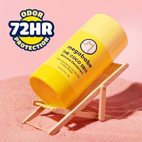 Image 1 - A yellow Megababe deodorant stick sits on a tiny beach chair in pink sand, with overlaid text Odor 72HR Protection and text on the product reading megababe THE COCO DEO Skincare Deodorant With Nourishing Coconut Oil & Shea Butter Net Wt 2.6oz / 75g. Image 2 - A yellow deodorant stick sits inside a cracked coconut on a light green surface with other coconut pieces and an illustration of a coconut drink, featuring text megababe THE COCO DEO Skincare Deodorant With Nourishing Coconut Oil & Shea Butter Net Wt. 2.6oz / 75g Warm coconut vanilla scent with hints of pistachio & cherry. Image 3 - A yellow deodorant stick with the lid off sits next to a smear of product texture on a blue background with yellow wavy borders, with text reading Coconut oil protects, nourishes & soothes skin and Shea butter hydrates & improves skin texture, and the deodorant label reads megababe THE COCO DEO Skincare Deodorant With Nourishing Coconut Oil & Shea Butter Net Wt 2.6oz / 75g. Image 4 - A woman holds a yellow deodorant stick near her armpit with overlaid text explaining how to use it reading How to: The Coco Deo STEP 1: Apply daily as often as needed to clean, dry skin STEP 2: Allow 2 weeks for pits to adjust from a traditional antiperspirant and the deodorant label reading megababe THE COCO DEO Skincare Deodorant With Nourishing Coconut Oil & Shea Butter Net Wt 2.6oz / 75g. Image 5 - A yellow deodorant stick with the cap off and cap next to it is shown against a blue background, with a sun graphic in the corner that says Dont leave me in the sun I MIGHT MELT! and the deodorant label reads megababe THE COCO DEO Skincare Deodorant With Nourishing Coconut Oil & Shea Butter Net Wt 2.6oz / 75g. Image 6 - A hand holds a yellow stick of deodorant against an orange background with icons and text listing ingredients not included: No aluminum No baking soda No parabens No sulfates No phthalates megababe THE COCO DEO Skincare Deodorant With Nourishing Coconut Oil & Shea Butter Net Wt 2.6oz / 75g Image 7 - An image with text explaining how to open deodorant correctly features the text Open your deo the right way! TWIST DONT PULL Megababe deodorants are made with 100% natural ingredients, so theyre super gentle (just like your skin!). To keep your deo in perfect shape, follow these easy steps when opening: Pulling the inner dome straight off can cause your deo to break inside—oh no! Instead: Twist up the deodorant slightly until a little product peeks out. Gently twist off the inner dome to release pressure before use. Keep your deo happy & ready to swipe! with a blue heart icon.