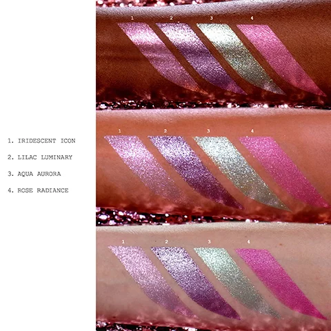 The image shows swatches of four shades on two different skin tones, labeled with numbers: top row includes Iridescent Icon, Lilac Luminary, Aqua Aurora, and Rose Radiance; bottom row repeats the same colors on a lighter skin tone.