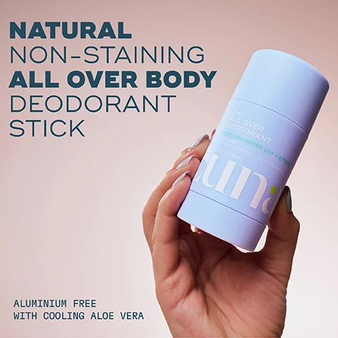 Image 1 - A hand is holding a light blue deodorant stick with the labels NATURAL NON-STAINING ALL OVER BODY DEODORANT STICK and ALUMINIUM FREE WITH COOLING ALOE VERA.
Image 2 - A smiling woman applies a light blue deodorant to her underarm while showcasing its features, including unique gel texture and smooth-glide application, with visible text stating: UNIQUE GEL TEXTURE, SMOOTH-GLIDE APPLICATION, NON-STAINING ON LIGHT + DARK CLOTHES, ALUMINIUM-FREE, PH-BALANCING.
Image 3 - A blue deodorant stick with a lemon slice nearby is shown against a background of splashing water, accompanied by the text Long Lasting Scent, Cooling Water Lily and Fresh Citrus, and The All Over Deodorant.
Image 4 - Image showing a promotional graphic for a natural deodorant with the headline Natural deodorant that actually works and features labeled benefits including DEO-PLEX®: To neutralise body odour, HYALURONIC ACID AND PREBIOTICS: For deep hydration and to balance the skins microbiome, SYMDEOR®: To inhibit the activity of odor-causing bacteria, and ALOE VERA: To cool and soothe.
Image 5 - A person is applying a light blue deodorant stick to their skin, with visible text that reads Because sweat doesn’t just happen in your armpits, SLICKENS & SOFTENS DRY SKIN, and SOOTHES & COOLS HOT SKIN.
Image 6 - A close-up of a person wearing a light sports bra holding two personal care products, with text that says Spray, Wipe and Deo, The Perfect Pair, The All Over Deodorant Natural non-staining odour defense for the whole body, and The Everywhere Spray-to-Wipe Refresh + cleanse skin on-the-go.
Image 7 - A hand holds a stick of deodorant near skin, with a circular text overlay that reads glide on everywhere: armpits, between legs, lower back, under boobs, and the product label shows the words THE ALL OVER DEODORANT, soothing water lily + chamomile, natural, aluminum-free, 2.5 oz.
Image 8 - Three women smiling and holding various color sticks of deodorant against a soft pink background, with the text THE ALL OVER DEODORANT™ and a blue circle containing the word NEW! visible in the image.
Image 9 - Two hands are applying a stick deodorant on bare skin, with one hand holding a light blue deodorant and another holding a light purple deodorant, featuring the text THE ALL OVER DEODORANT™ and NEW! in a blue circle.