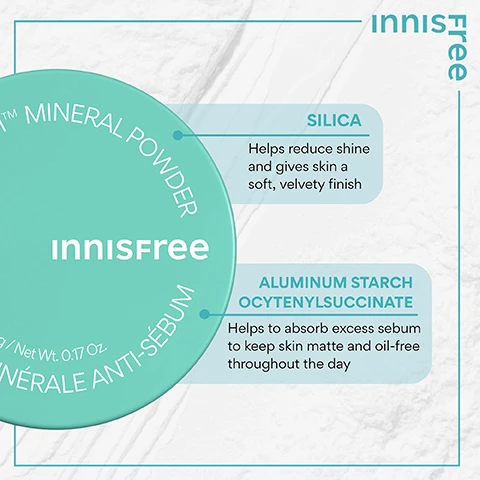 Image 4 - The image shows a teal Innisfree Mineral Powder compact on a white marble background, with two light blue boxes highlighting ingredients and benefits, displaying the text: innisfree, innisfree, MINERAL POWDER, g / Net Wt. 0.17 Oz., MINÉRALE ANTI-SÉBUM, SILICA Helps reduce shine and gives skin a soft, velvety finish, ALUMINUM STARCH OCTENYLSUCCINATE Helps to absorb excess sebum to keep skin matte and oil-free throughout the day. Image 5 - A person with short, light-colored hair and closed eyes smiles while holding a light blue compact powder; visible text includes ULTIMATE MINERAL MATTIFYING POWDER, 100% felt that their skin feels less oily after using the product*, 100% felt that their skin feels smooth and soft*, 100% satisfaction on overall skin look*, NO-SEBUM™ MINERAL POWDER, innisfree, Poids Net 5 g / Net Wt. 0.17 Oz., POUDRE MINÉRALE ANTI-SÉBUM, and *Based on a 14-day independent consumer study on 30 women aged 20-35. Image 6 - An open mint green compact powder container with its lid slightly off and a powder puff inside is shown on a light blue background, featuring text that reads innisfree, Free, NO SEBUM MINERAL POWDER, Controls excess sebum and reduces shine, Blurs irregularities and smoothes the skin texture, Flawless and even finish on the skin, Leaves skin visibly smooth and perfectly matte, and on the product container, innisfree, NO SEBUM™ MINERAL POWDER, Poids Net 5 g / Net Wt. 0.17 Oz., POUDRE MINÉRALE ANTI-SÉBUM, and on the powder puffs ribbon, innisfree. Image 7 - A person with dark skin holds a light blue Innisfree powder compact over their right eye against a teal background, displaying prominent white text that asks WHO IS THIS GOOD FOR? followed by checkmarked items: Visible pores, Uneven texture, Combination to oily skin, and text on the compact reading innisfree, NO-SEBUM™ MINERAL POWDER, POIDS NET 5 G / NET WT. 0.17 OZ, POUDRE MINÉRALE ANTI-SÉBUM.