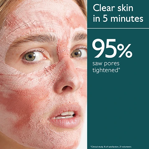 Image 1 - A persons face with a dry, cracked pink clay mask, revealing a green eye and slightly open mouth, is shown next to a dark teal panel displaying the text Clear skin in 5 minutes 95% saw pores tightened* *Clinical study, % of satisfaction, 21 volunteers. Image 2 - A smiling woman holds a frosted pink bottle of Caudalie Beauty Elixir against a pink background, with text on the bottle reading CAUDALIE PARIS, Eau de Beauté, Lissante, Éclat du teint, Beauty Elixir, Smoothing, Glowing complexion, 100mL – 3.3 Fl. Oz., and large white text 100% saw their pores tightened immediatly after use* with a smaller disclaimer below *Clinical test, % of satisfaction, results observed immediately after application. Image 3 - A woman with closed eyes smiles as a hand sprays a fine mist from a bottle onto her face against a pink background, with the bottle labeled Caudalie Paris, Eau de Beauté, Beauty Elixir, Smoothing. Glowing complexion. 100mL - 3.3 Fl. Oz. and large white text at the bottom reads Prepares skin, sets makeup and glows the complexion!