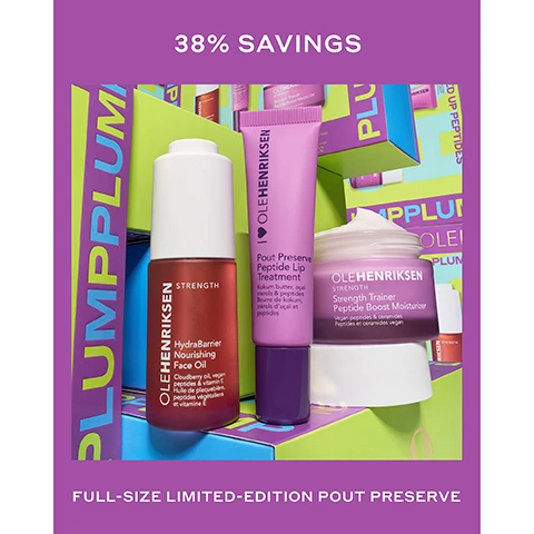 Image 2 - A collection of Ole Henriksen skincare products, including HydraBarrier Nourishing Face Oil, Pout Preserve Peptide Lip Treatment, and Strength Trainer Peptide Boost Moisturizer, are arranged on colorful boxes, with visible text reading 38% SAVINGS and FULL-SIZE LIMITED-EDITION POUT PRESERVE. Image 3 - Olehenriksen skincare products, including a Plumped Up Peptides set box and individual items, are displayed on colorful stacked boxes against a purple background, with prominent text stating YOUR DAILY DOSE OF PLUMPING HYDRATION, and details for 01 Strength Peptide Boost Moisturizer Firmer bouncier skin, 02 HydraBarrier Nourishing Face Oil Locks in moisture, 03 Pout Preserve Peptide Lip Treatment Lip-plumping hydration, along with product names Olehenriksen Plumped Up Peptides Limited Edition Skincare Set, Strength HydraBarrier Nourishing Face Oil, Pout Preserve Peptide Lip Treatment, and Strength Trainer Peptide Boost Moisturizer. Image 4 - A purple banner with the text Pout Preserve Lip Treatment Grape Fizz is above a grid of six close-up images of lips on diverse skin tones, displaying a before and immediately after comparison of a lip treatment, with text reading Before and Immediately After above the respective columns. Image 5 - A purple lip product tube with a light purple applicator is shown on a pink background, with glossy fuchsia-pink product overflowing from the tip, accompanied by text that reads INSTANTLY HYDRATES + IMPROVES ELASTICITY, CLINICALLY FULLER-LOOKING LIPS IN 1 WEEK*, INSTANTLY REDUCES THE LOOK OF LIP LINES, and product details on the tube, including peptides, stérols daçaï et beurre de kokum, stérols & peptides. Image 6 - A split image of a persons face shows the before state on the left with visibly less smooth and hydrated skin, and the after 8 weeks state on the right with noticeably smoother, firmer, and more refined and hydrated skin, with additional text that reads Strength Trainer Peptide Boost Moisturizer, Firmer, Bouncier Skin in Just 1 Week*, *In an 8-week clinical study on 35 people. Image 7 - A purple jar of OLEHENRIKSEN Strength Trainer Peptide Boost Moisturizer with a white lid rests on a light purple background with white cream streaks, displaying product information OLEHENRIKSEN STRENGTH Strength Trainer Peptide Boost Moisturizer Vegan peptides, ceramides & collagen Peptides, céramides et collagène végétalien, alongside performance claims: 28% stronger moisture barrier all day*, 97% agree it restores healthy-looking skin*, Instantly doubles skins hydration*, and 38% firmer skin in just 4 weeks*, with a footnote: *In an 8-week clinical study on 35 people. Image 8 - A product image shows a tall, slender bottle of Olehenriksen HydraBarrier Nourishing Face Oil with a reddish liquid and white cap, standing on a purple surface with an organic pink shape behind it, featuring text that reads SEAL IN MOISTURE + MAXIMIZE YOUR RESULTS, along with product benefits stating Boosts moisture barrier by 19%*, 34% reduction in fine lines + wrinkles*, 25% smoother skin*, and Hydrates instantly + all day*, with the bottle label showing OLEHENRIKSEN STRENGTH HydraBarrier Nourishing Face Oil Cloudberry oil, vegan peptides & vitamin E Huile de plaquebière, peptides végétaux et vitamine E, and a disclaimer *In an 8-week clinical study on 39 people.