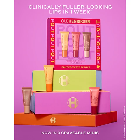 Image 2 - A vibrant image displays Ole Henriksen Pout Preserve Peptide Lip Treatment products, featuring a pink box labeled POUTPOUTPOUT and MINI LIP TRIO / MINI TRIO POUR LES LÈVRES 3x7ML / 3x0.25FL.OZ Hydrating lip treatment / Soin hydratant pour les lèvres, containing three mini tubes, stacked on green, pink, and orange boxes, each with a gold H logo and an individual Pout Preserve Peptide Lip Treatment tube in orange, pink, and brown shades, against a pink and purple background, with text CLINICALLY FULLER-LOOKING LIPS IN 1 WEEK*, POUT PRESERVE PETITES, NOW IN 3 CRAVEABLE MINIS, and *In an 8-week clinical study of 39 people. Image 3 - Three layered swatches of lip products, starting with a light yellow, followed by a reddish-brown, and then a bright pink, are displayed on a light pink background, accompanied by text descriptions: CITRUS SUNSHINE Sheer tint + fresh citrus scent, CRÈME BRÛLÉE Beige-nude tint + vanilla brown sugar scent, and STRAWBERRY SORBET Mauve pink tint + freshly picked strawberry scent. Image 4 - A pink Ole Henriksen Pout Preserve Peptide Lip Treatment tube with a heart logo is shown dispensing product next to a sliced strawberry on a coral background, with text that reads I OLEHENRIKSEN, Pout Preserve Peptide Lip Treatment, Kokum butter, açai sterols & peptides, Beurre de kokum, sterols daçai et peptides, Clinically fuller-looking lips in 1 WEEK*, INSTANTLY reduces the look of lip lines*, INSTANTLY hydrates + improves elasticity*, and *In an 8-week clinical study on 39 people. Image 5 - Six close-up images of lips show a before and immediately after comparison of a lip treatment on three different skin tones, with the after images revealing plumper and glossy lips; visible text reads POUT PRESERVE LIP TREATMENT STRAWBERRY SORBET BEFORE IMMEDIATELY AFTER. Image 6 - The image shows a before and immediately after comparison of lips treated with Pout Preserve Lip Treatment Citrus Sunshine, displaying three different sets of lips from light to dark skin tones, appearing dry on the left under Before and glossy and hydrated on the right under Immediately After. Image 7 - A promotional image featuring a brown header with the text Pout Preserve Lip Treatment Crème Brûlée, situated above a grid of six close-up photos comparing lips before and immediately after using the treatment on three different skin tones, illustrating a glossy, tinted effect, with the comparison columns clearly labeled Before and Immediately After.