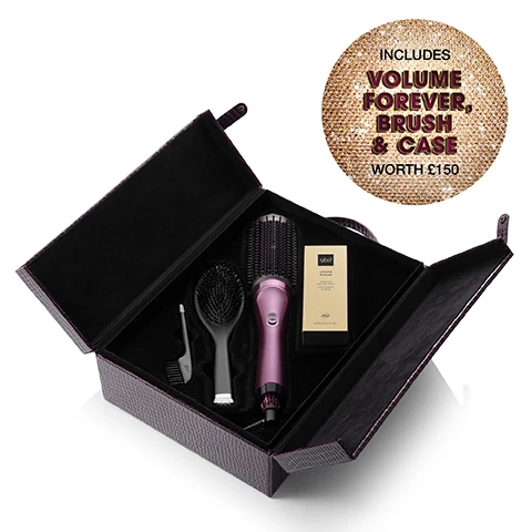 Image 1 - An open dark purple textured presentation box showcasing a pink ghd hot brush, a black paddle brush, a black comb, and a gold ghd hair product box, with a circular glittery gold overlay in the top right, displays the text ghd good hair day volume forever volumizing blow dry cream creates instant volume & fullness e100 ml 3.4 fl. oz. INCLUDES VOLUME FOREVER, BRUSH & CASE WORTH £150. Image 2 - A dark plum textured gift set case is open to reveal a dark pink GHD Duet Blowdry hot air styler, a black GHD paddle brush, a black GHD comb, and a golden box of GHD Volume Forever cream, set against a sparkling gold background, with visible text GHD DUET BLOWDRY GIFT SET, ghd, ghd duet blowdry, volume forever, volumising blow dry cream, crème volume brushing, e100 ml 3.4 Fl. Oz. Image 3 - A ghd hair styling set featuring a plum-colored ghd Duet Blowdry hot brush, a matching textured storage case, a tube of ghd Volume Forever volumizing blow dry cream, a small ghd detangling comb, and a black ghd Oval Dressing Brush, with the text WHATS INSIDE: Limited Edition ghd Duet Blowdry, ghd Volume Forever, ghd Oval Dressing Brush & Case written below the products. Image 4 - A woman with light hair and red nails sits beside an open black case on a sparkling gold surface, revealing a burgundy ghd hair dryer brush, a black paddle brush, a black comb, and a gold product box, set against a red checkered background featuring repeated ghd logos, with visible text including 2-IN-1 HAIR DRYER BRUSH, ghd volume forever volumising blow dry cream crème de brushing e 100 ml 3.4 fl. oz., ghd duet style, ghd on the paddle brush, and ghd on the comb. Image 5 - A woman with long, light brown hair styles it with a dark purple ghd hot brush, looking at the camera against a red checkered background with the ghd logo repeated, and white text at the bottom reads PERFECT FOR A SMOOTH BOUNCY BLOWDRY SUITABLE FOR ALL HAIR TYPES. Image 6 - A dark pink GHD Duet Blowdry hair styling tool with a bristled oval head and sleek handle lies diagonally on a sparkling gold background, featuring text that says NEW GHD LIMITED EDITION CHERRY CHIC COLLECTION, ghd, and ghd duet blowdry.