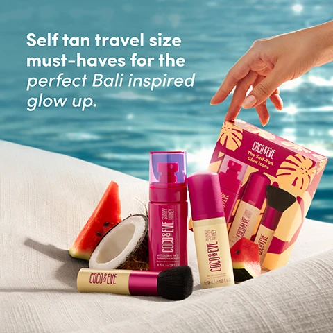 Image 1 - A hand reaches for a Coco & Eve The Self-Tan Glow Icons box, while Coco & Eve Sunny Honey self-tanning products and a brush are displayed on a white textured surface alongside a coconut half and watermelon slices, with a blurred blue water background; visible text includes Self tan travel size must-haves for the perfect Bali inspired glow up, COCO & EVE The Self-Tan Glow Icons, COCO & EVE SUNNY HONEY Antioxidant Face 75 ml e 2.5 fl.oz, COCO & EVE SUNNY HONEY 150ml e 5.0 fl.oz, and COCO & EVE. Image 2 - A tanning product set including a pink spray bottle, a cream pump bottle, a makeup brush, and an open pink box with tropical designs, all floating beside two pink hibiscus flowers against a blue sky background, displaying the text Glow On-the-Go Includes travel-size Sunny Honey Bali Bronzing Foam, full-size Face Tanning Micromist & Kabuki Brush for flawless, streak-free tanning, Coco & Eve, Sunny Honey, and The Self-Tan Glow Icons. Image 3 - A split image shows a woman in a two-toned bikini with lighter skin on the left and a deep tan on the right, illustrating a tanning transformation. Before After.