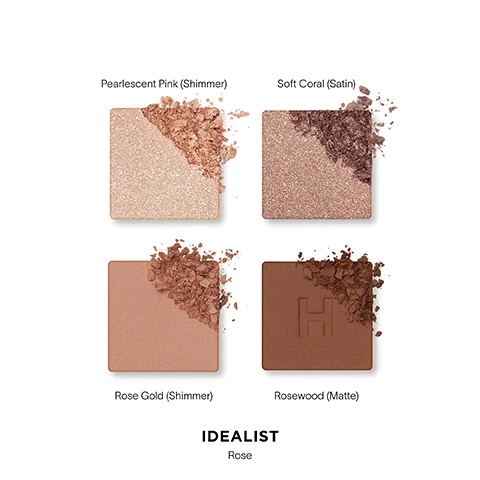 Image 2 - Four makeup pans are shown with spilled product, labeled top left Pearlescent Pink Shimmer, top right Soft Coral Satin, bottom left Rose Gold Shimmer, bottom right Rosewood Matte with an embossed H, and text IDEALIST Rose. Image 3 - Three arms with different skin tones show four numbered makeup swatches on each arm, with a hand holding a gold Hourglass compact visible, next to text listing the shade names and numbers: IDEALIST Rose 1. Pearlescent Pink Shimmer 2. Soft Coral Satin 3. Rose Gold Shimmer 4. Rosewood Matte. Image 5 - Close-up of an eye showing eyeshadow application points numbered 1 through 4, alongside text IDEALIST Rose and shade swatches numbered 1 Pearlescent Pink Shimmer 2 Soft Coral Satin 3 Rose Gold Shimmer 4 Rosewood Matte. Image 6 - A golden eyeshadow palette with four shades is open on a surface covered in spilled makeup powder, next to text reading Talc-free, finely-milled powders, Buildable, blendable color, Velvety-smooth texture, Recyclable packaging. Image 7 - A brush applies pink eyeshadow to a blue eye, with text Velvety-smooth texture and Buildable, blendable color.