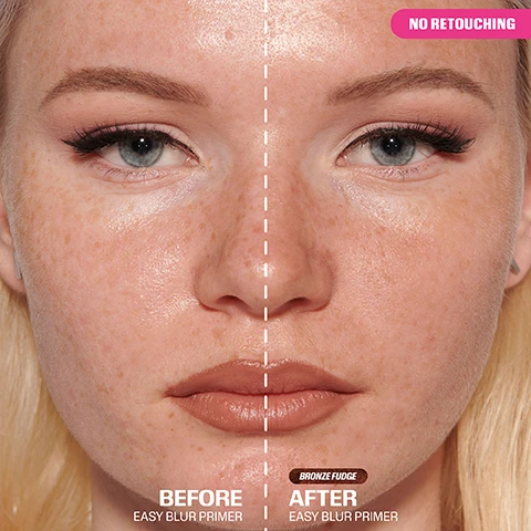 Image 1 - A womans face split vertically showing before and after using a primer with text BEFORE EASY BLUR PRIMER AFTER EASY BLUR PRIMER BRONZE FUDGE NO RETOUCHING. Image 2 - Close-up of a persons cheek with a finger applying a swatch of brown cosmetic product showing text BOOSTS HYDRATION MILK THISTLE EXTRACT & GLYCERIN BLURS PORES WATER CAPSULE POLYMER NON-COMEDOGENIC. Image 3 - A black tube of Huda Beauty Easy Blur Primer is shown spilling brown liquid with text SHEER BRONZE TINT SILICONE FREE JELLY-LIKE TEXTURE LIGHTWEIGHT FORMULA hudabeauty EASY BLUR PRIMER silicone-free smoothing primer base de teint lissante sans silicone 30 ML / 1 FL OZ. Image 4 - A three-panel image shows a womans face before and after makeup demonstrating THE EASY ROUTINE PRIME with EASY BLUR PRIMER BLUR with EASY BLUR FOUNDATION MACCHIATO 400G and BAKE with EASY BAKE LOOSE POWDER PEACH PIE.
