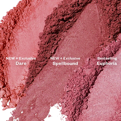 Image 2 - Three diagonal swatches of shimmery pink and red makeup powder are shown against a white background, labeled from left to right: NEW + Exclusive Dare, NEW + Exclusive Spellbound, and Bestselling Euphoria. Image 3 - Three women with diverse skin tones are shown wearing a peachy-rose blush, alongside a textured swatch of the product that reads NEW + Exclusive Dare Warm Peachy Rose. Image 4 - Three women of different ethnicities are shown wearing pink blush and lip makeup, alongside a glittery pink-mauve swatch with the text Bestselling Euphoria Cool Pinky-Mauve. Image 5 - Three different models showcase rosy blush on their cheeks in close-up facial shots, with a bottom right panel showing a glittery burgundy texture and the text NEW + Exclusive Spellbound Cool Soft Burgundy. Image 6 - The image features a close-up of a shimmery reddish-orange makeup product on the right, with product benefits listed on a soft purple gradient background on the left: Radiant, skin-like finish; Buildable, long-wearing color; Baked with squalane + hyaluronic acid; Shades so easy to wear, yet anything but boring; Vegan, talc free, clean.