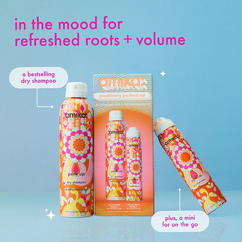 Image 2 - The image shows three Amika Perk Up dry shampoo products on a blue background, comprising a full-size spray bottle, a gift box containing a full-size and a mini spray bottle, and a separate mini spray bottle, all adorned with a vibrant floral pattern, and the text reads in the mood for refreshed roots + volume, a bestselling dry shampoo, amika: perk up dry shampoo shampooing sec NET 5.3 OZ (150 G) 189 ML, amika: positively perked up dry shampoo duo / duo shampoing sec, NET contents of kit contains del ensemble NET 7.1 OZ (201 G) 253 ML, and plus, a mini for on the go. Image 3 - A colorful Amika Positively Perked Up Dry Shampoo Duo box, containing two floral-patterned bottles of Amika Perk Up dry shampoo, is displayed on a blue background; the box shows text amika: positively perked up dry shampoo duo / duo shampoing sec, and the bottles show amika: perk up dry shampoo shampoing sec NET 5.3 OZ (150 G) 189 ML and NET 1.8 OZ (51 G) 64 ML, and NET CONTENTS OF KIT CONTENU DE LENSEMBLE NET 7.1 OZ (201 G) 253 ML, while a white cloud graphic states a full size + travel size of the #1 prestige dry shampoo in the U.S., and fine print at the bottom reads *SOURCE, CIRCANA, LLC, US PRESTIGE BEAUTY TOTAL MEASURED MARKET, HAIR DRY SHAMPOO/DRY CONDITIONER BY PRODUCT DOLLAR & UNIT SALES, JANUARY-DECEMBER 2024. Image 4 - A split image shows a woman before and after a hair treatment, with the left side showing less voluminous hair labeled before and the right side showing more voluminous, refreshed hair labeled after, with the text instantly refresh roots + boost volume at the bottom. Image 5 - A before and after comparison shows a woman with blonde hair, where the before image features flatter hair with visible dark roots and the after image displays significantly more voluminous and wavy blonde hair, with text labels before, after, and instantly refresh roots + boost volume. Image 6 - Three bright orange sea buckthorn berries are submerged in a vibrant orange liquid with small bubbles, next to text that reads our signature superfruit sea buckthorn nourishes + restores lipids in the hair to help increase shine, manageability, softness + strength. Image 7 - The image displays a list of product features with corresponding icons on a gradient background: vegan, cruelty-free, paraben-free, phthalate-free, SLES + SLS free, suitable for chemically-treated + color-treated hair.