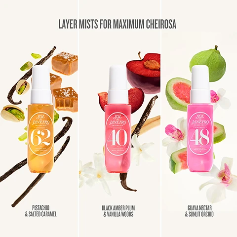 Image 1 - Three body mist bottles from Sol de Janeiro are displayed, a yellow bottle labeled 62 shown with pistachios, vanilla beans, and salted caramel squares, a pink bottle labeled 40 with cut plums, vanilla beans, and white flowers, and another pink bottle labeled 48 with cut guavas and orchids, all presented with the text Layer Mists For Maximum Cheirosa, Pistachio & Salted Caramel, Black Amber Plum & Vanilla Woods, and Guava Nectar & Sunlit Orchid. Image 2 - A white gift box with a pink ribbon design, displaying Sol Janeiro Cheirosa & Cheer, holds three spray bottles of Sol Janeiro perfume mist in yellow (labeled 62), pink (labeled 40), and magenta (labeled 48), with smaller text indicating they are for Hair/Body/Lingerie/Delicate Skin; this product is presented on a pink tiered pedestal, and the image also includes an FSC logo with www.fsc.org, and text reading Formulated Without Mineral Oil, Phthalates, Or Parabens, PETA-Certified Animal Test-Free And Vegan.