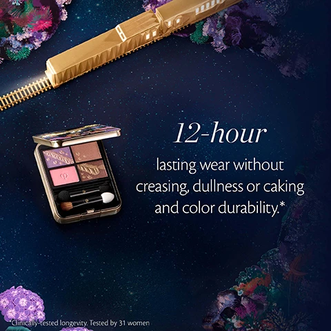 Image 6 - An open makeup compact with four pans of eyeshadow/blush and two applicators is displayed against a dark blue starry background with a golden train and colorful floral elements, with text that reads 12-hour lasting wear without creasing, dullness or caking and color durability.* *Clinically-tested longevity. Tested by 31 women. Image 8 - A fantastical starry night scene showcases a collection of Clé de Peau Beauté luxury cosmetics and skincare products, including a purple serum bottle, red lipstick, powder compact, purple cream jar, and eyeshadow palette, surrounded by paper-cut flowers, a hummingbird, deer, leopard, peacock, and a golden train, with visible text Clé de Peau BEAUTÉ DREAMS EXPRESS COLLECTION, Clé de Peau BEAUTÉ LE SÉRUM THE SERUM, and Clé de Peau BEAUTÉ LA CRÈME.
