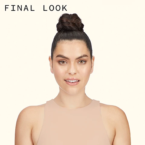 Image 2 - A woman with a high bun and a peach-colored top smiles at the camera, with the text FINAL LOOK above her head. Image 3 - A persons back is shown from the shoulders up, with dark hair styled in a high bun and wearing a light peach tank top, with the text FINAL LOOK at the top. Image 5 - A grid displays four Amika hair styling sprays with colorful geometric designs on distinct backgrounds, and is titled choose your ideal styling spray; Column 1 shows Amika un.done volume and matte texture spray spray texture et volume mat NET 5.3 OZ (150 G) 192 ML 3, with text below stating un.done GET TOUSLED TEXTURE; Column 2 shows Amika the shield anti-humidity spray spray anti-humidité NET 5.3 OZ (150 G) 225 ML 3, with text below stating the shield FIGHT FRIZZ + HEAT PROTECT; Column 3 shows Amika fluxus touchable hairspray laque fixation légère NET 8.2 OZ (232 G) 270 ML 3, with text below stating fluxus TOUCHABLE HOLD; Column 4 shows Amika headstrong intense hold hairspray laque fixation intense NET 8.2 OZ (232 G) 270 ML 3, with text below stating headstrong STRONG HOLD.