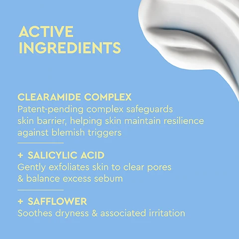 Image 1 - A light blue background features yellow text describing active ingredients with a white cream swirl in the top right corner, reading: ACTIVE INGREDIENTS CLEARAMIDE COMPLEX Patent-pending complex safeguards skin barrier, helping skin maintain resilience against blemish triggers + SALICYLIC ACID Gently exfoliates skin to clear pores & balance excess sebum + SAFFLOWER Soothes dryness & associated irritation. Image 2 - A light blue Byoma Blemish Control Body Lotion bottle is centered on a light blue background, accompanied by yellow text that highlights KEY BENEFITS: LIGHTWEIGHT + FAST-DRYING, NON-STICKY, IMPROVES SKIN HYDRATION, and SUPPORTS THE SKIN BARRIER; text on the bottle reads BYOMA BLEMISH BLEMISH CONTROL BODY LOTION Formulated for Blemish Prone Skin Clearamide Complex + Salicylic Acid + Hyaluronic Acid BARRIER BOOSTING BODYCARE 300ml / 10.1 fl oz. Image 3 - A blue background with yellow text is next to a swirled white cream texture, displaying CLINICALLY PROVEN TO + Instantly hydrate skin up to 73% + Protect and maintain skin barrier. Image 4 - A light blue Byoma Blemish Control Body Lotion bottle is shown next to a five-step skincare routine, with visible text that reads Step Routine, sun and moon icons with AM&PM, Step 1 Exfoliate, Step 2 Cleanse, Step 3 Treat, Step 4 Moisturize Blemish Control Body Lotion, Step 5 Protect, and on the bottle Byoma Blemish, Blemish Control Body Lotion, Formulated for: Blemish Prone Skin, Ceramide Complex, Salicylic Acid, Hyaluronic Acid, Barrier Boosting Bodycare, 500ml / 16.9 fl oz. Image 5 - A hand with light-colored nails applies white cream in a wavy pattern to dark skin on a shoulder or upper back, with four circular icons on a light blue background displaying DERMATOLOGIST TESTED, VEGAN FRIENDLY, CLINICALLY PROVEN, SUPPORTS SKIN BARRIER.